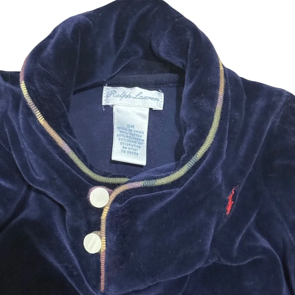 Ralph Lauren Baby Boys Navy Blue Velour Footed Sleeper Plaid Trim 6M